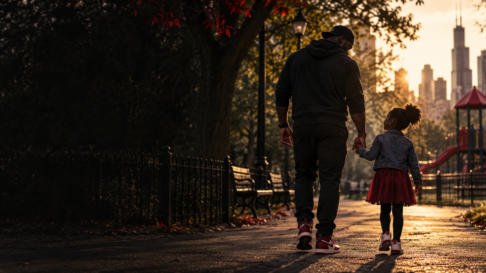 A father walking hand in hand with his daughter through a neighborhood park